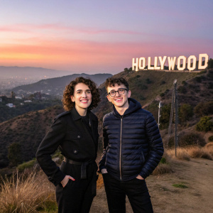 Ellie Kendrick and Isaac Hempstead Wright, Game of Thrones cast members, standing in front of Hollywood Sign. Dusk setting, scenic view of Los Angeles skyline.