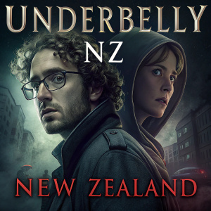 Promotional poster for the crime drama 'Underbelly NZ'. Features a man with curly hair and glasses, partially obscured by a woman's face. Text highlights real-life criminal events set in New Zealand. Credits and synopsis at the bottom.