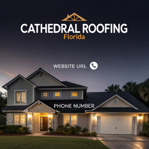 Eye-catching digital ad showcasing the superior roofing services of Cathedral Roofing Florida. Two residential houses with highlighted exteriors on a sleek dark background. Company logo, website URL, and phone number prominently featured for easy contact.