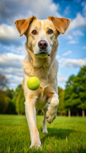Scene 3: Focus

[Cut to: Fido focusing on the ball.]

Prompt: "Step 2: Throw the ball a short distance and say, 'Fetch!'"