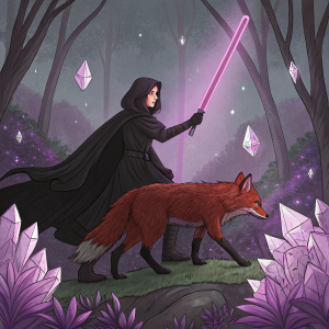 Paulina Olvera Ruiz, in dark robes, wielding a pink sword, atop a crimson fox-like creature. The scene is set in a mystical forest with glowing purple crystals in the background, blending natural and magical elements.