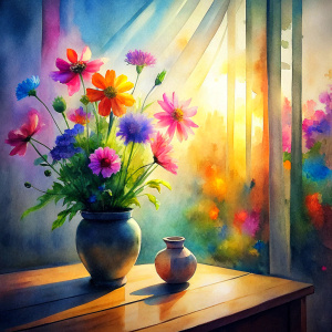 sunlight shining on colorful wild flowers in a vase on a wooden coffee table.