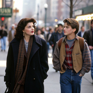 Sherilyn Fenn and a young man in casual wear walking on a busy street during daytime. She wears a dark coat and scarf, he has a plaid shirt and brown vest. Crowded city scene.