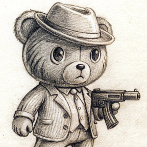 gangster teddy bear, black and white, with a gun in his hand
