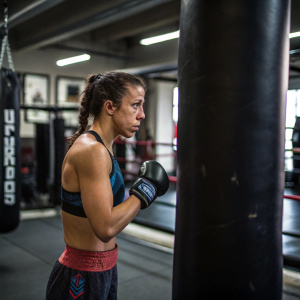 Joanna Jedrzejczyk, standing in a boxing gym. Wearing a sports outfit, training session.
