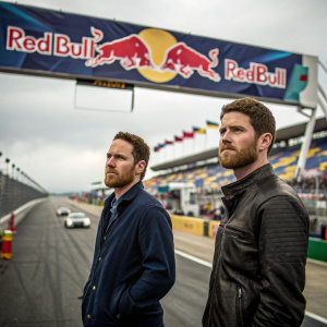 Brian Vickers and Ryan Pemberton, looking serious. NASCAR race, with Red Bull banners in the background.