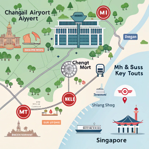 Interactive digital map of Singapore, featuring icons for landmarks including Changi Airport, MRT stations, bus stops, and other key locations.