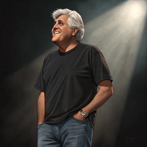 Jay Leno, TV personality, in a casual black t-shirt and jeans. Dark background with spotlight