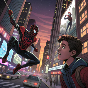 Storyboard sequence featuring Miles Morales and Peter Parker in vivid, detailed comic style scenes.