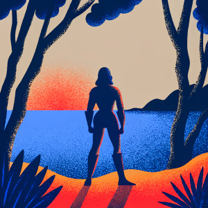 Gal Gadot as Wonder Woman. Wearing a blue spandex suit, standing on a sunny Greek beach. Behind her is the Aegean Sea and tall olive trees.