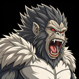Illustration of Oozaru, the monstrous Saiyan form from Dragon Ball Z. He has a powerful, enraged appearance with detailed facial features, set against a stark black backdrop.