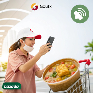 A promotional social media post for GOUTX. In Tagalog, it features a logo at the top and a Lazada delivery link at the bottom.