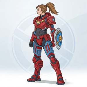 Brigitte, Overwatch character, in detailed armor with a ponytail. Line art illustration, red and blue theme, background is a digital studio