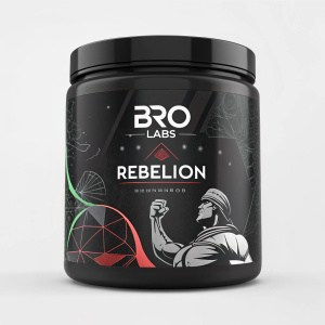 A sleek black jar featuring Bro Labs Rebellion supplement. Designed to boost workout intensity and enhance exercise performance.