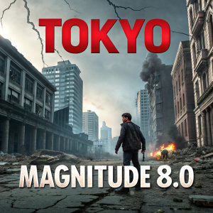 Promotional poster for anime series 'Tokyo: Magnitude 8.0'. Dramatic imagery with fragmented cityscape and Japanese text in bold, modern font.