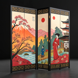 Digital artwork of a traditional Japanese folding screen. Black background, vibrant colors