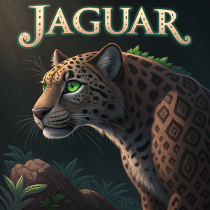 Digital art featuring a jaguar-inspired mythical creature. Mexican pre-Hispanic theme. Focused green eyes, patterned fur. Dark background with artistic title.