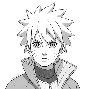 Simple line art of Boruto Uzumaki. His spiky hair and intense gaze are highlighted. Bold and dynamic, the sketch focuses on his unique hairstyle and facial features.