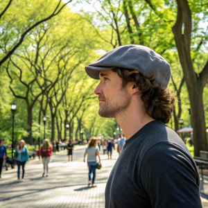 Matt Dallas, curly brown hair, wearing gray cap, standing outdoors in a vibrant park. Sunny day with green trees and people walking by.
