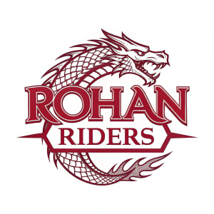 Rohan Riders logo, bold font with dragon-like design, fiery red on a stark white backdrop.