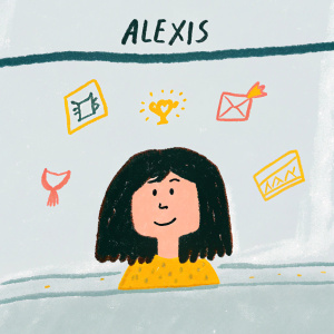 Alexis, a girl with a charming smile, enjoys reading, dancing, and drawing. She loves dressing up and learning about her passions. The text is simple and clear, set against a beige background with playful icons.