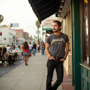 Shia LaBeouf, dressed casually in a vintage Metallica t-shirt and black jeans, stands outside a bustling cafe. Crowds of people walking past him on a busy sidewalk.