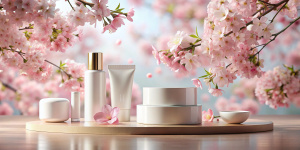 Background podium 3D spring flower product beauty pink display nature. 3D podium stand background scene floral mockup cosmetic white blossom summer abstract shadow platform minimal design render stage