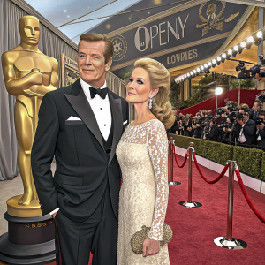 Roger Moore and Christina 'Kiki' Tholstrup at the Academy Awards. Moore, wearing a black tuxedo, Tholstrup in a white lace gown, on a red carpet with paparazzi and event logos
