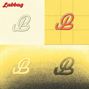 Design mockup of LabBag's evolving logo. Grey and red color palette, grid-like version included