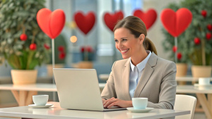 smiling businesswoman working on laptop sitting in a Valentine's day cafe