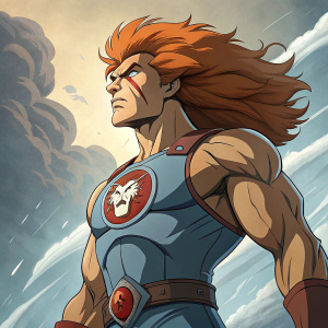 Lion-O, the fearless leader of ThunderCats, stands in a mighty pose, his broad shoulders and determined expression on full display. He wears the iconic ThunderCats logo on his chest.