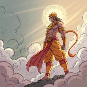 Anime-style sketch of Lord Hanuman, vibrant colors, standing amidst swirling clouds, dramatic pose, intricate muscle definition, glowing aura, vivid background