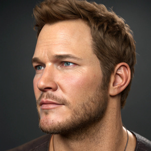 Highly detailed 3D rendering of Chris Pratt's face. Close-up shot emphasizing jawline, stubble, and fuller upper lip. Dark grey background. Realistic digital model.
