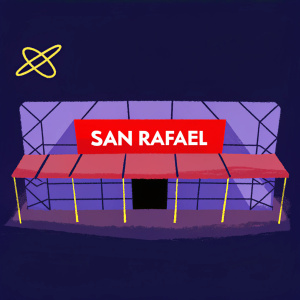 Minimalist logo design featuring the name 'San Rafael' in bold white text against a sleek blue background, with a simple icon above the text.