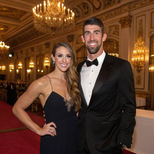 Megan Rossee and Michael Phelps, beaming at the gala event. Lavish ballroom backdrop