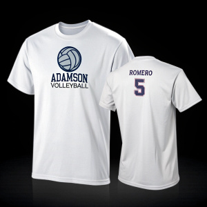 Product shot of two customized white t-shirts. One shirt features 'ADAMSON Volleyball' with a volleyball emblem. The other has 'ROMERO' and the number '5'. Set against a sleek black backdrop.