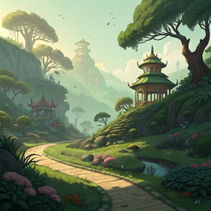 Digital concept art showcasing a vibrant Slugterra landscape. Dominant green hues, winding paths, intricate structures, abundant flora.