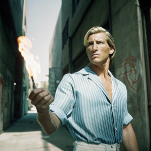 Axel from Streets of Rage 4, a pixel art depiction. Blonde hair, determined face. Wearing blue shirt with stripes. Flame effect in hand. Vibrant colors, dynamic scene. Background: urban alleyway with graffiti