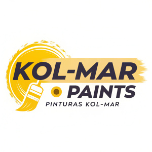 Brand logo for Kol-Mar Paints. Vibrant design with yellow accents. Text in both English and Spanish.