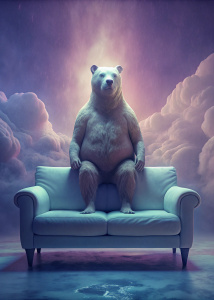 surreal image, conceptual art, a humanoid bear sitting on the sofa, a glossy atmosphere, artistic surrealism
