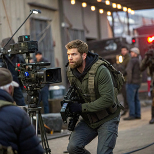 Mike Vogel on set of The Brave, surrounded by crew and equipment, in action sequence