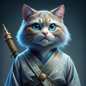 side profile, deep blue-eyed persian chinchilla cat in an exquisite grey japanese kimono with bronze detailing, holding a samurai sword; ready for action