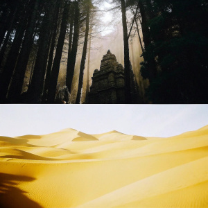 Virtual landscapes from Lara Croft Relic Run. Environments include a misty forest, an ancient temple with intricate carvings, and an expansive desert with towering sand dunes. Realistic visuals, detailed textures.