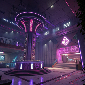 Concept art of Club Silo from Splitgate. Futuristic lobby with purple and pink neon lights. Geometric shapes and clean lines. Central structure with jagged design. Dramatic lighting