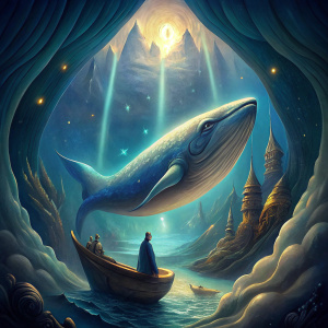 Illustration of the inside of the whale, with Jonah in a prayerful and repentant posture