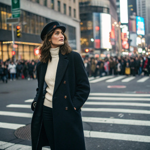 Gemma Arterton at a bustling city intersection. She is dressed in a black coat over a white turtleneck, topped with a black hat and dark boots. Wavy hair cascading over her shoulders. Crowds of people in the background.