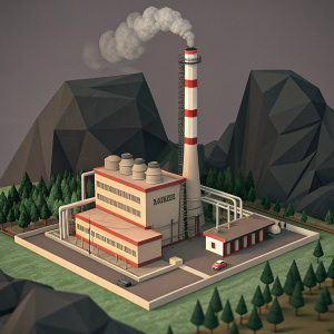 Digital 3D model with low-poly aesthetic, featuring an industrial complex with a towering smokestack emitting smoke. Set against a backdrop of dark rock formations. Color palette includes muted shades of brown, gray, and green.