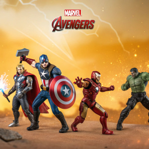 Digital art piece featuring Marvel Avengers action figures in dynamic poses. Warm, vibrant background with Spanish text