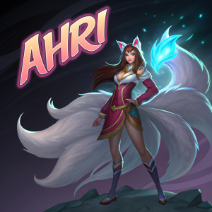In-game screenshot featuring Ahri from League of Legends, standing proudly. Dark background with vibrant text elements