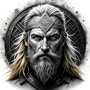 walhalla, viking warrior,  runics face, black work, white backrounds